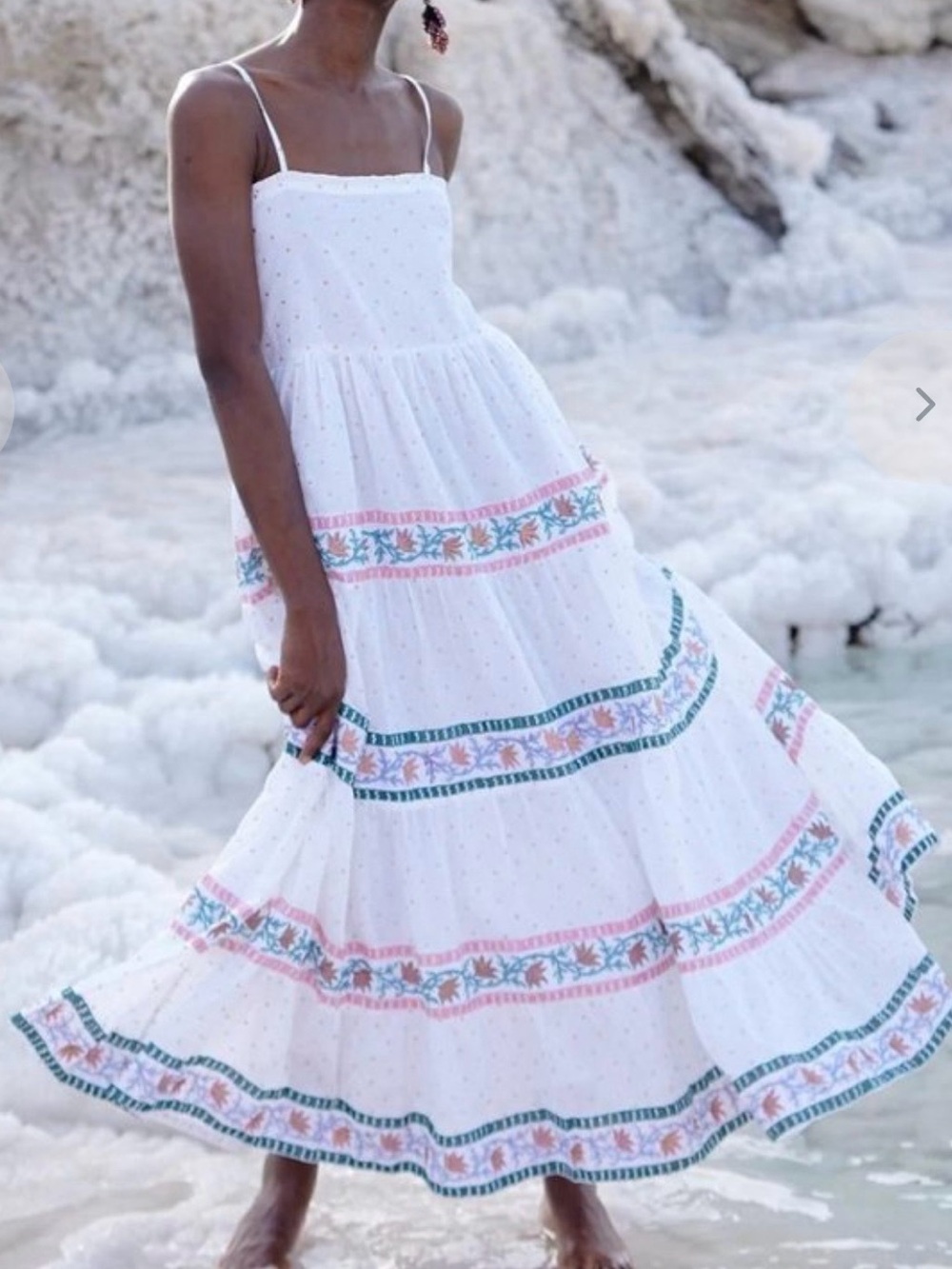 Oliphant Smocked Back Maxi Dress in 
White/Gold Jamali Medium